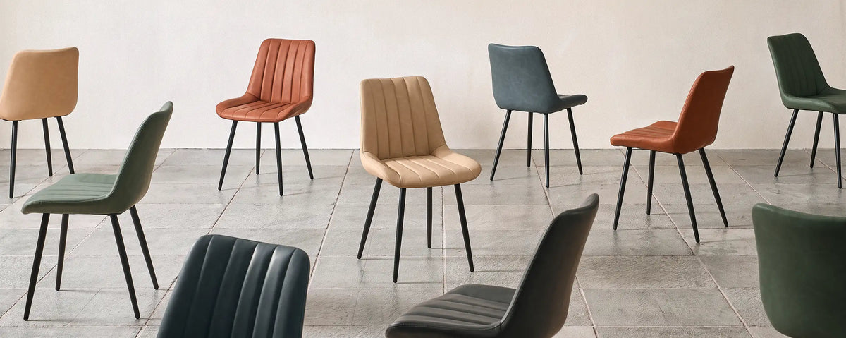 Displaying different colour options of Clair Faux Leather Dining Chairs, including Khaki, Grey, Tan Brown, London Blue
