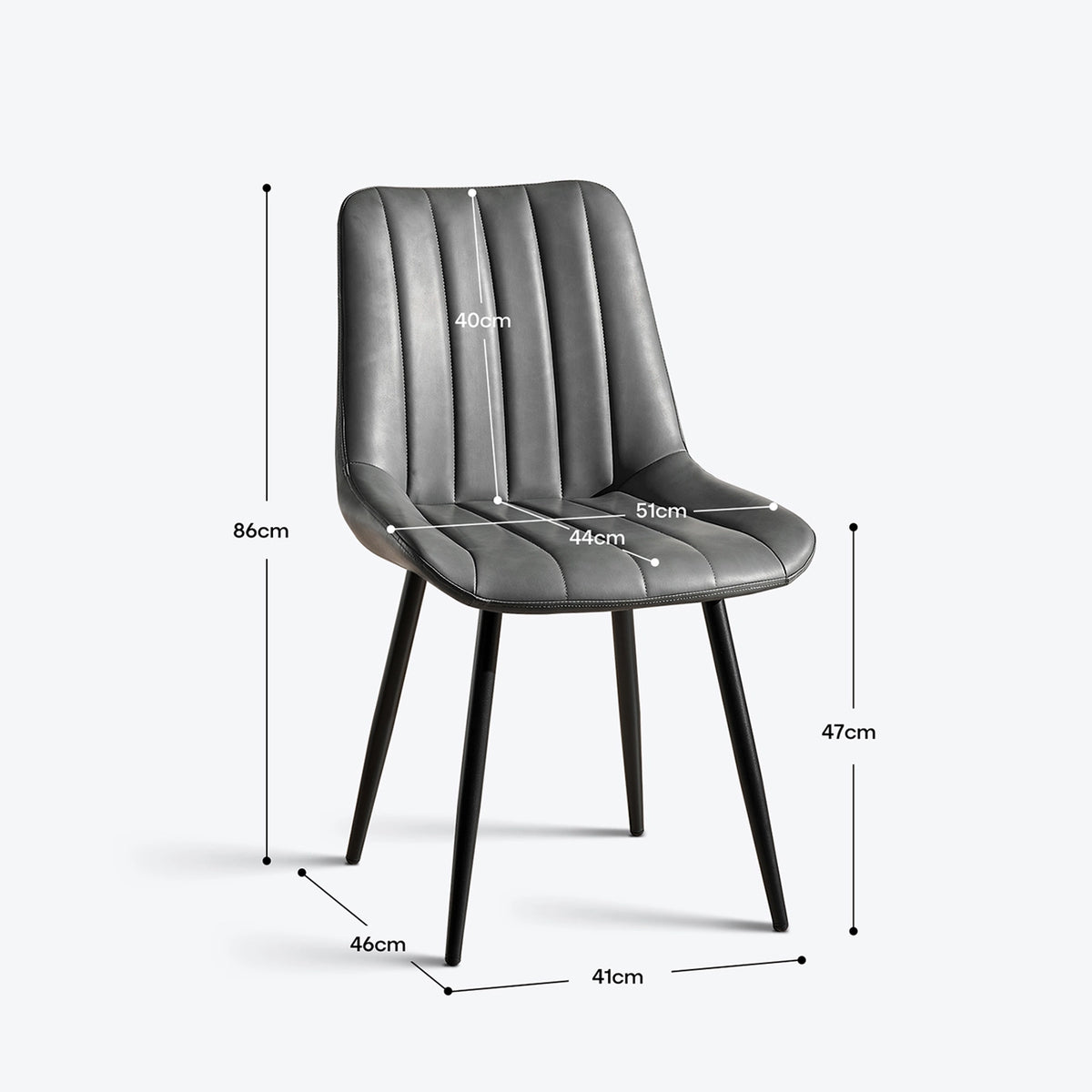 Product size specification diagram for the Clair grey dining chair, showing clear seating dimensions and proportions for UK dining spaces.