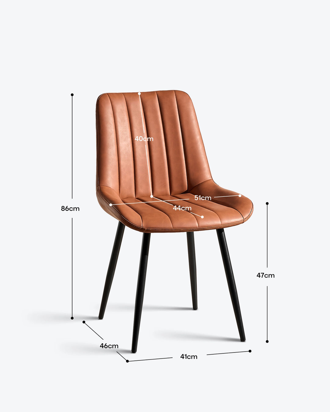 Dimension diagram and size guide for the Clair tan brown faux leather dining chair, indicating seat height, width and back height in centimetres.