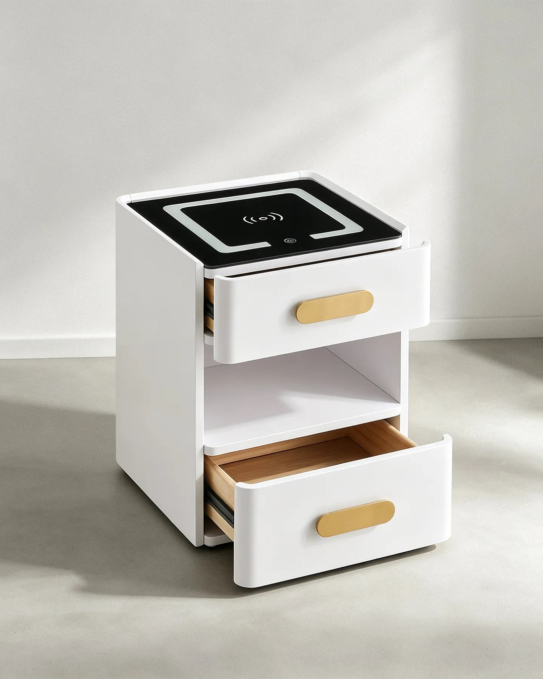 Perspective view of the Clara smart nightstand showing the dual drawers and open light-up compartment.