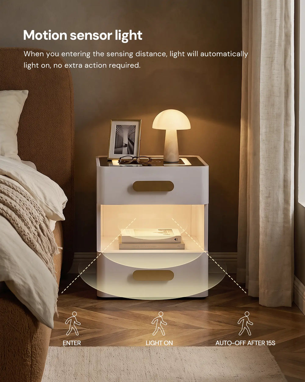 Infographic showing the motion sensor range and automatic lighting feature of the Clara smart bedside table.