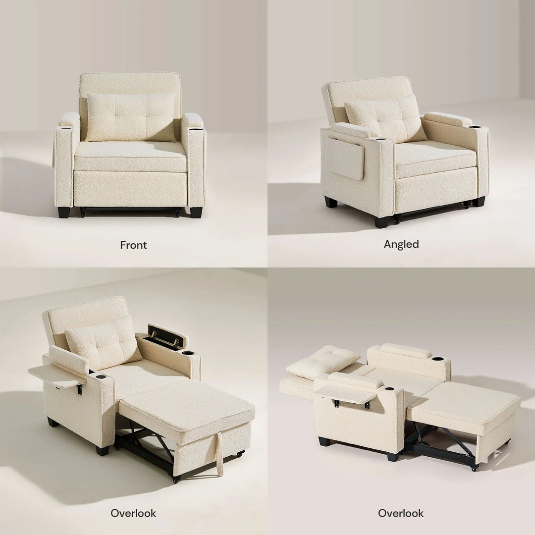 Clarkson Convertible Sofa Bed shown from front, back, and side angles