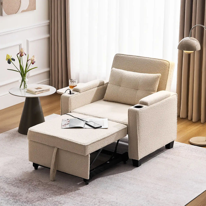 Clarkson Boucle Armchair with pull-out footrest converting into a single sofa bed