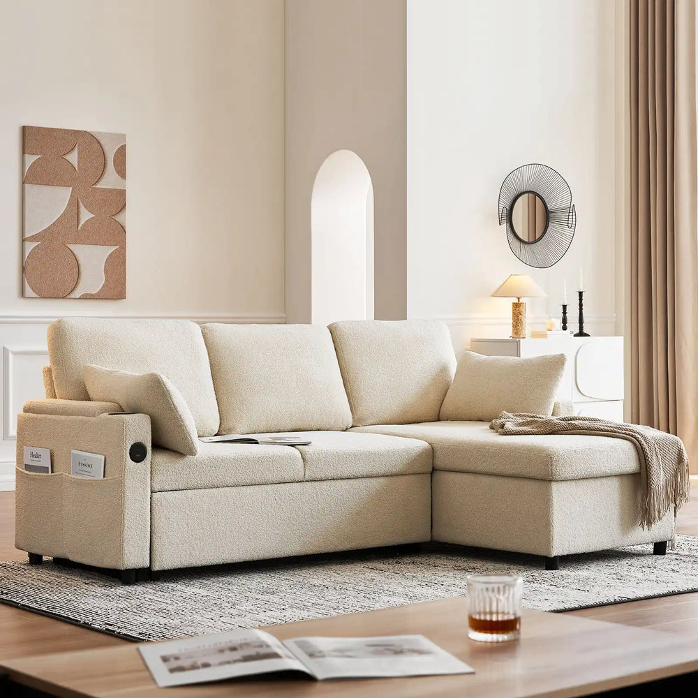 Clarkson 3-Seater Boucle Sofa Bed with chaise and blanket, modern and inviting living room furniture