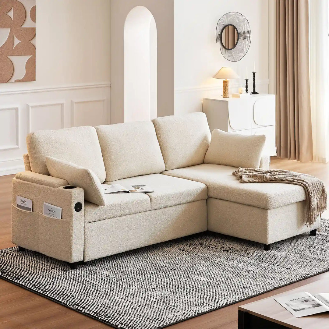 Top view of Clarkson 3-Seater Boucle Sofa Bed with chaise, soft boucle fabric and contemporary style