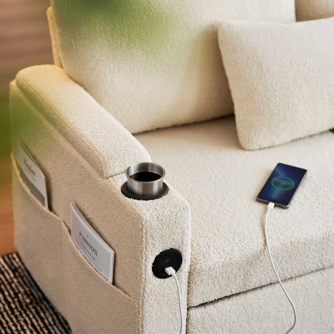 Clarkson Sofa Bed with cup holder and built-in charging station, modern multifunctional design