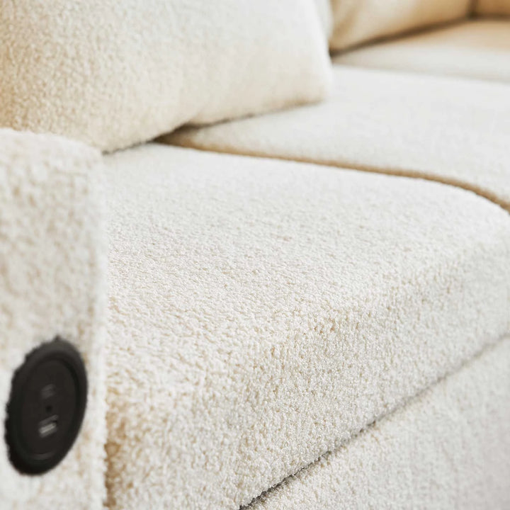 Close-up of Clarkson Sofa Bed boucle fabric, soft, tactile, and premium upholstery texture