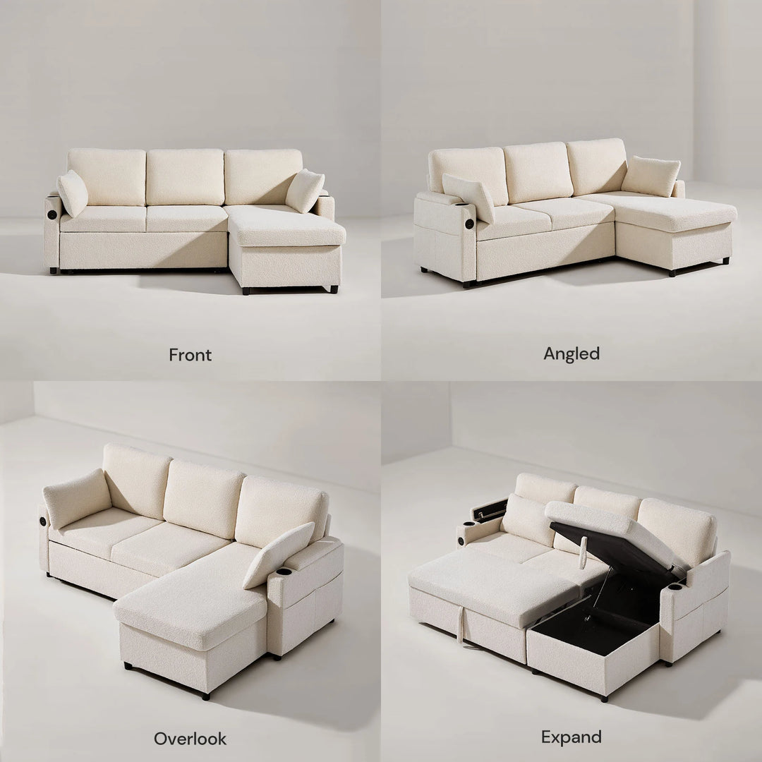 Clarkson L Shape Sofa Bed shown from front, back, and side angles
