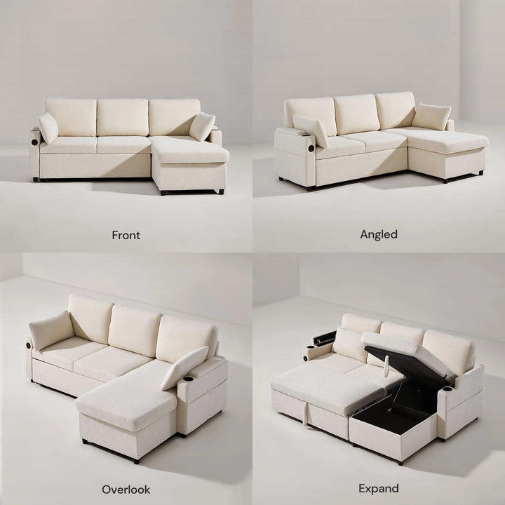 Clarkson L Shape Sofa Bed shown from front, back, and side angles