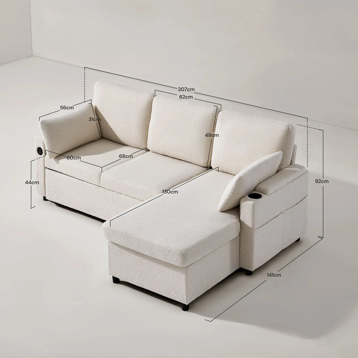 Clarkson L Shape Sofa Bed with displayed dimensions