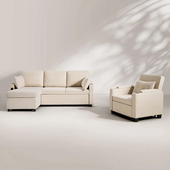 Clarkson Convertible Sofa Bed with Clarkson 3-Seater Boucle Sofa Bed set in minimalist white room
