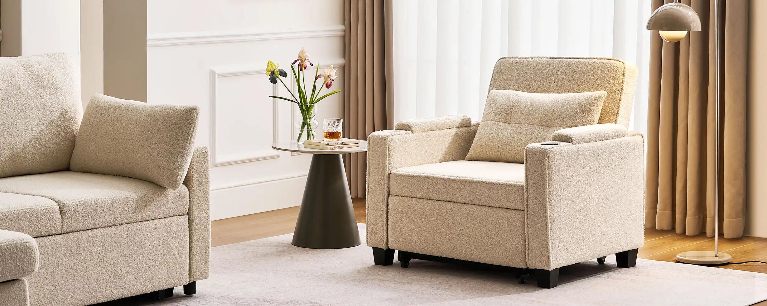 Clarkson 1-Seater Boucle Armchair in bright living room by the window with Clarkson 3-Seater Boucle Sofa Bed
