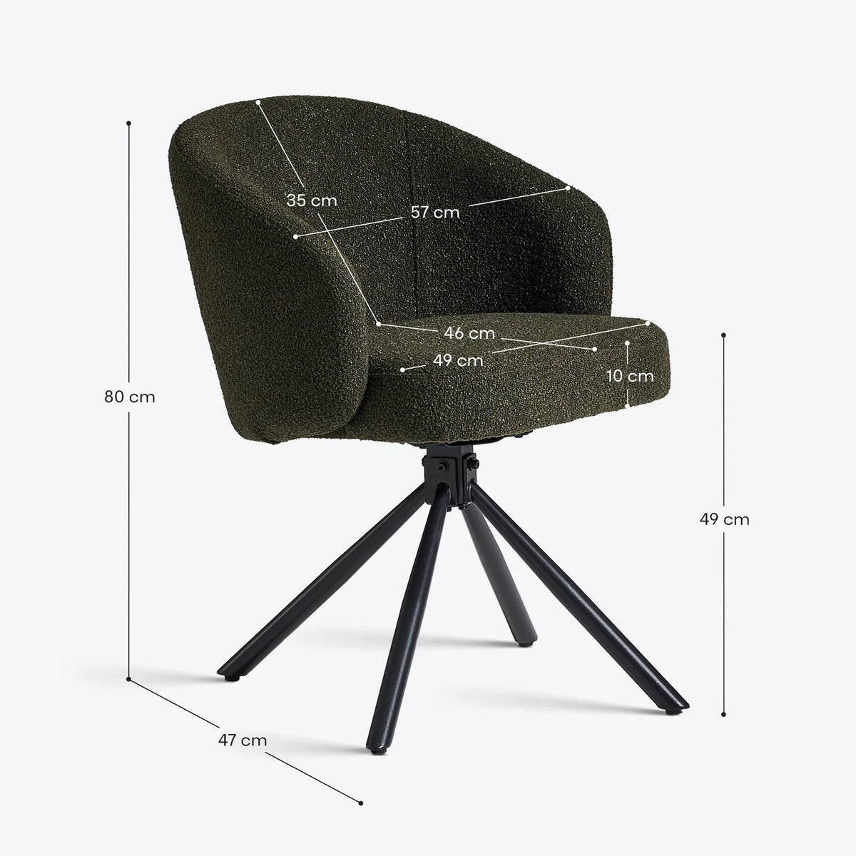 Dimensional diagram of the Cleo green bouclé swivel chair indicating total height, seat width, depth, and armrest measurements in centimetres on a neutral studio background.