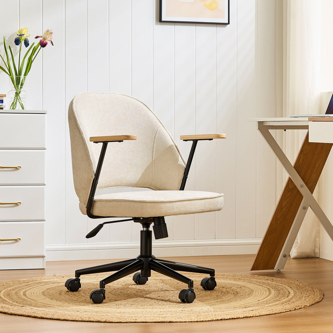 Modern Swivel Rolling Desk Chair with Solid Wood Arms,Height