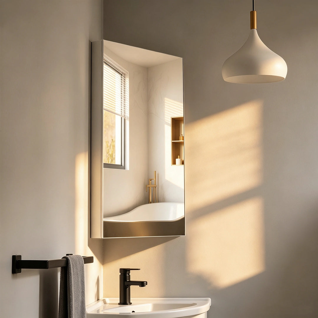 Side view of Colin Corner Mirror Cabinet in a bathroom