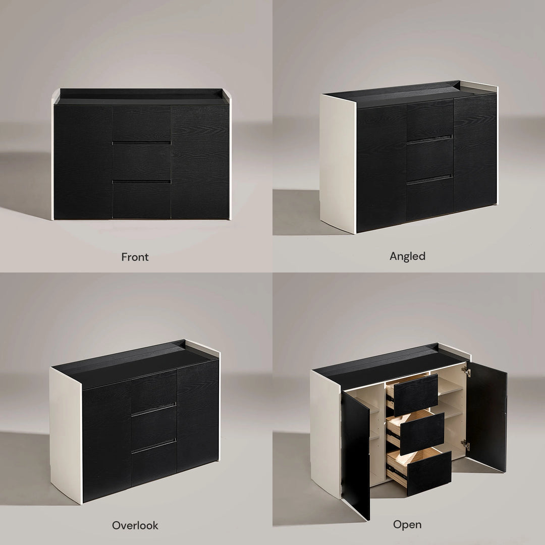 Front and side view of The Dakota Large Dining Sideboard with all cabinet doors open