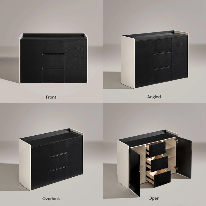 Front and side view of The Dakota Large Dining Sideboard with all cabinet doors open