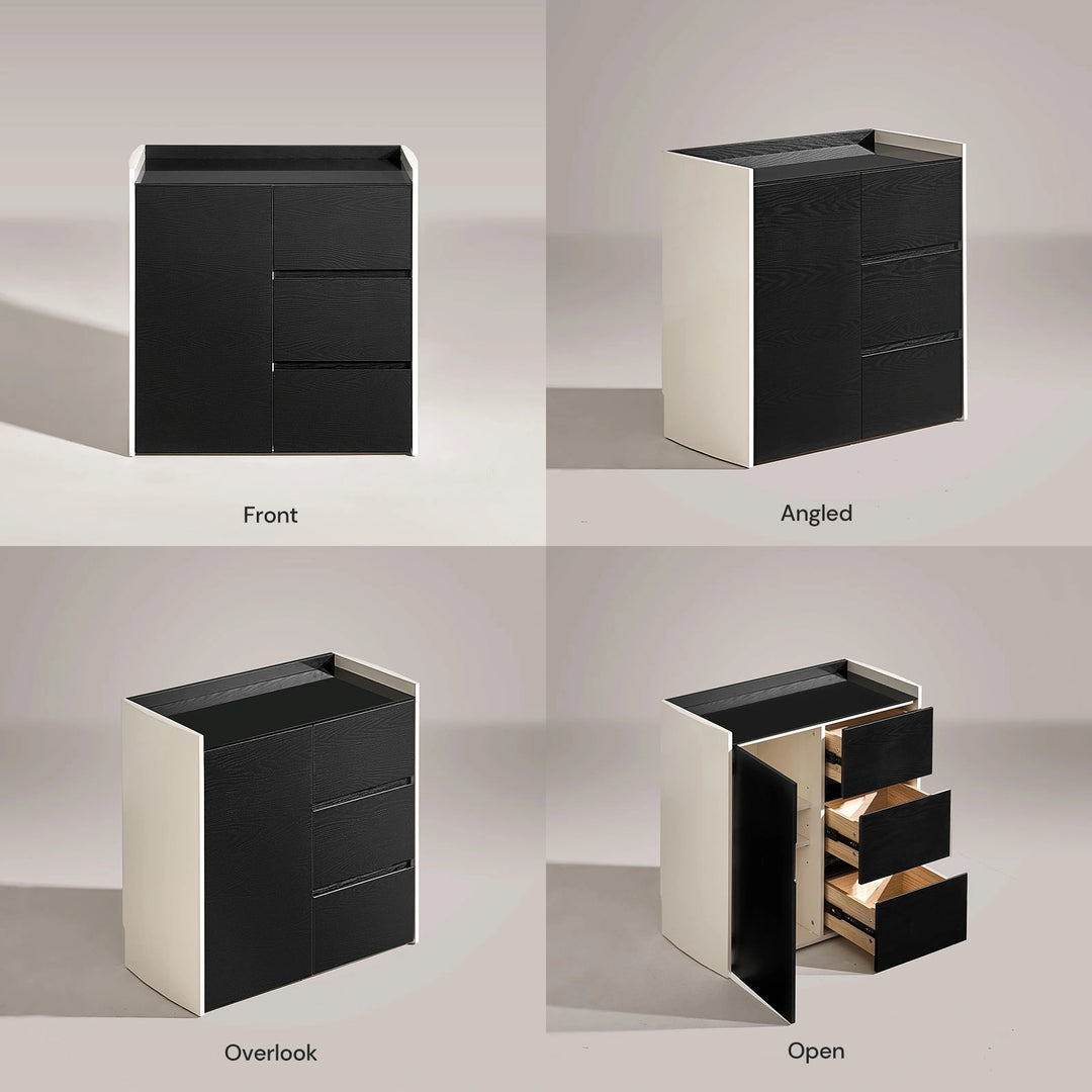 Front and side view of The Dakota Small Dining Sideboard with all cabinet doors open