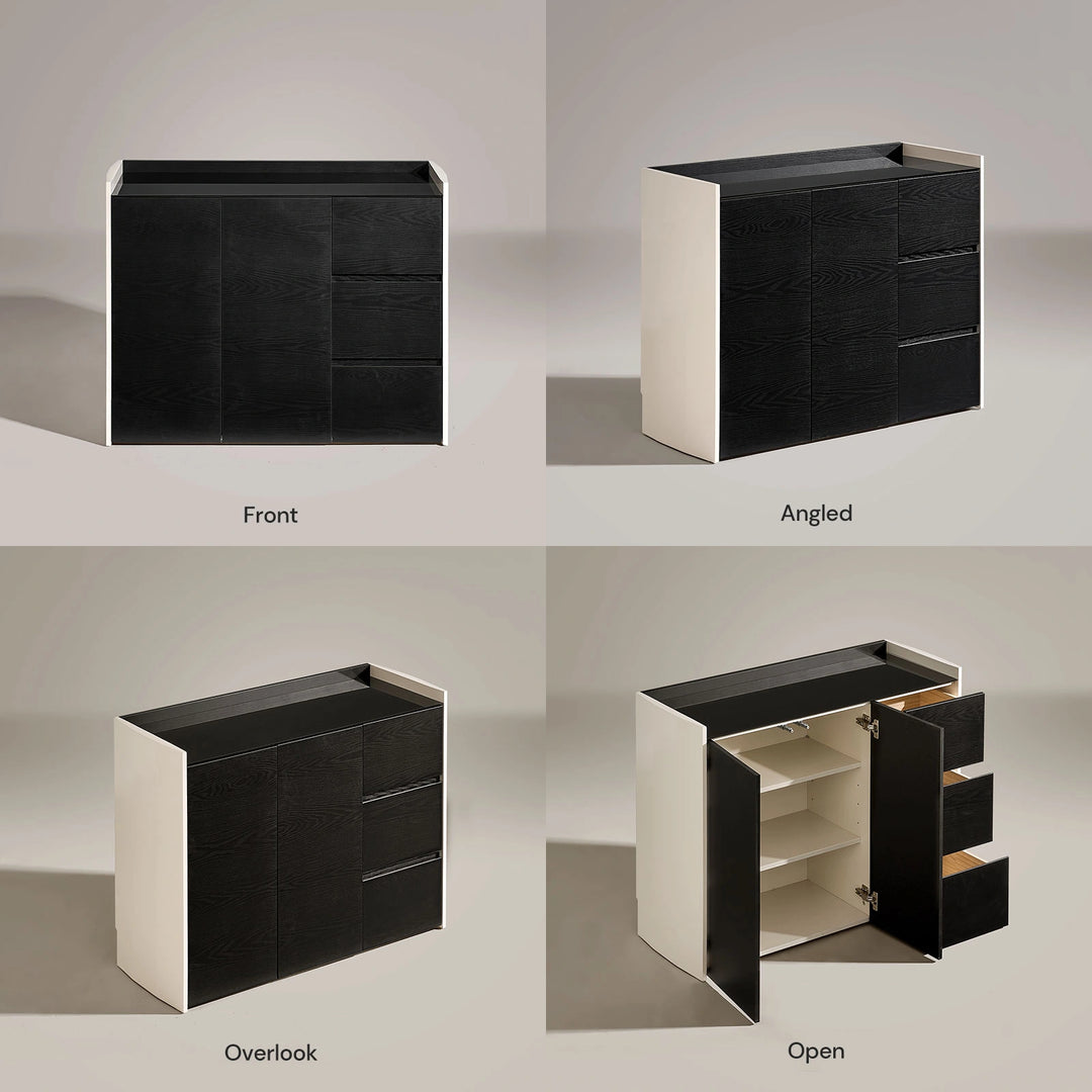 Front and side view of The Dakota Medium Dining Sideboard with all cabinet doors open