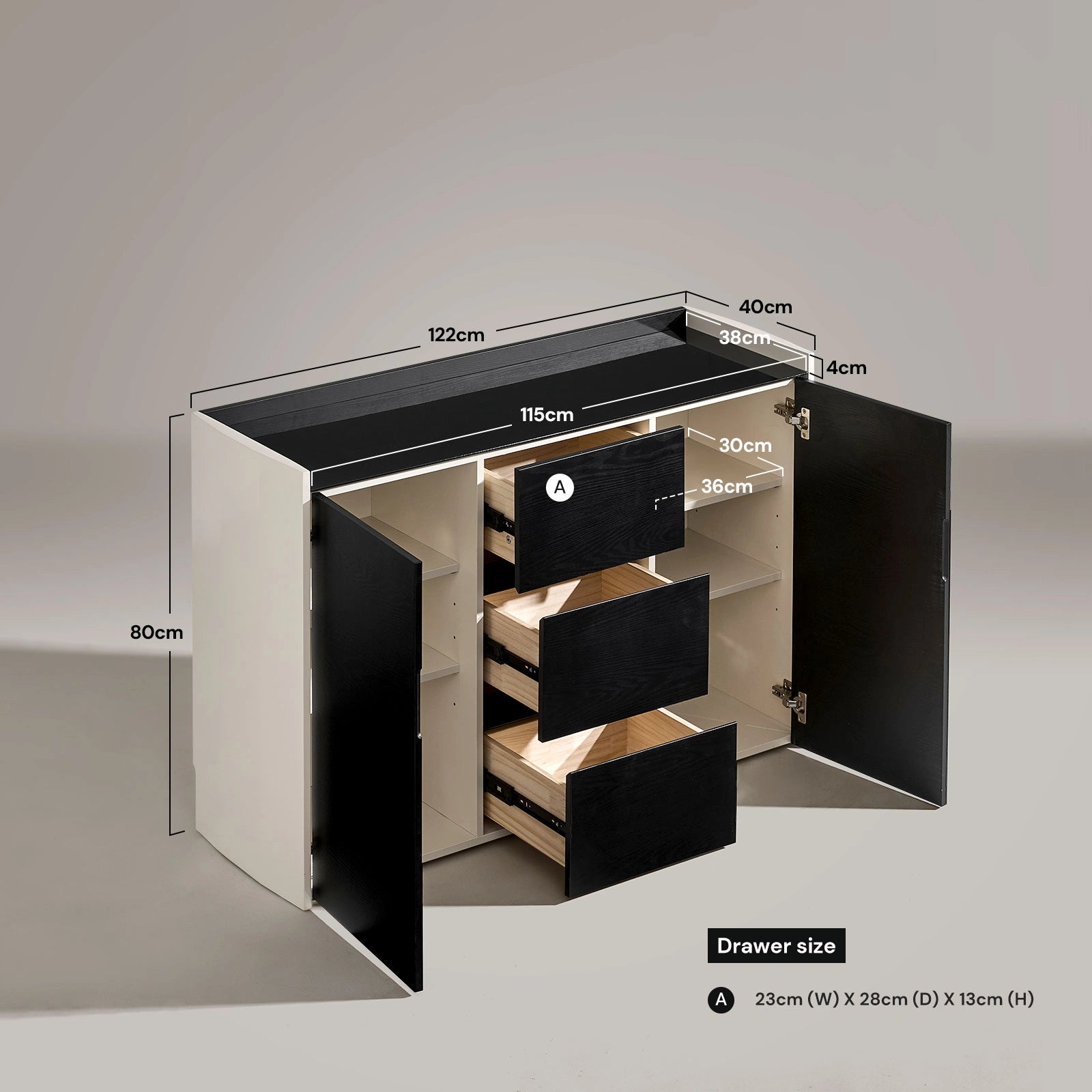 Dimension diagram of The Dakota Large Dining Sideboard showing size measurements