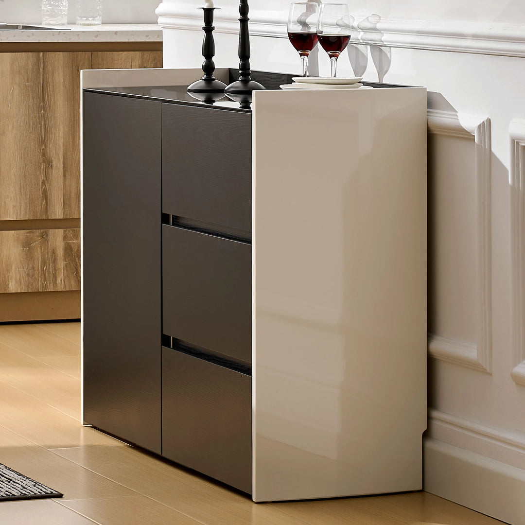 Side view of The Dakota Small Dining Sideboard highlighting the glossy panel finish