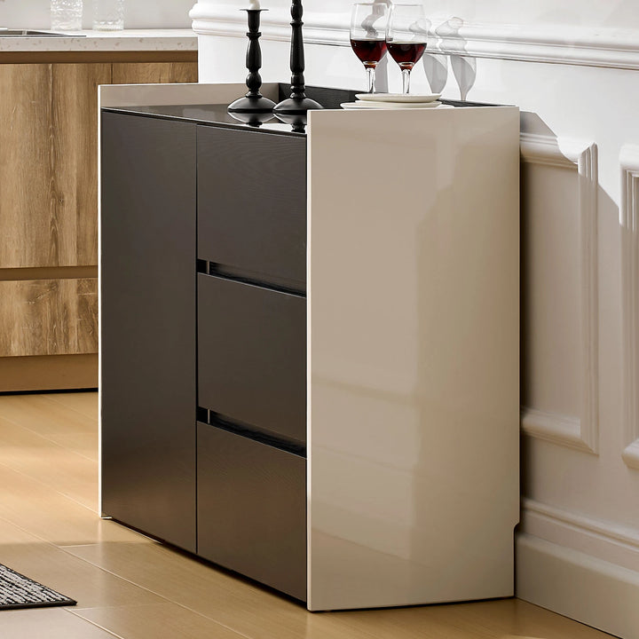 Side view of The Dakota Small Dining Sideboard highlighting the glossy panel finish