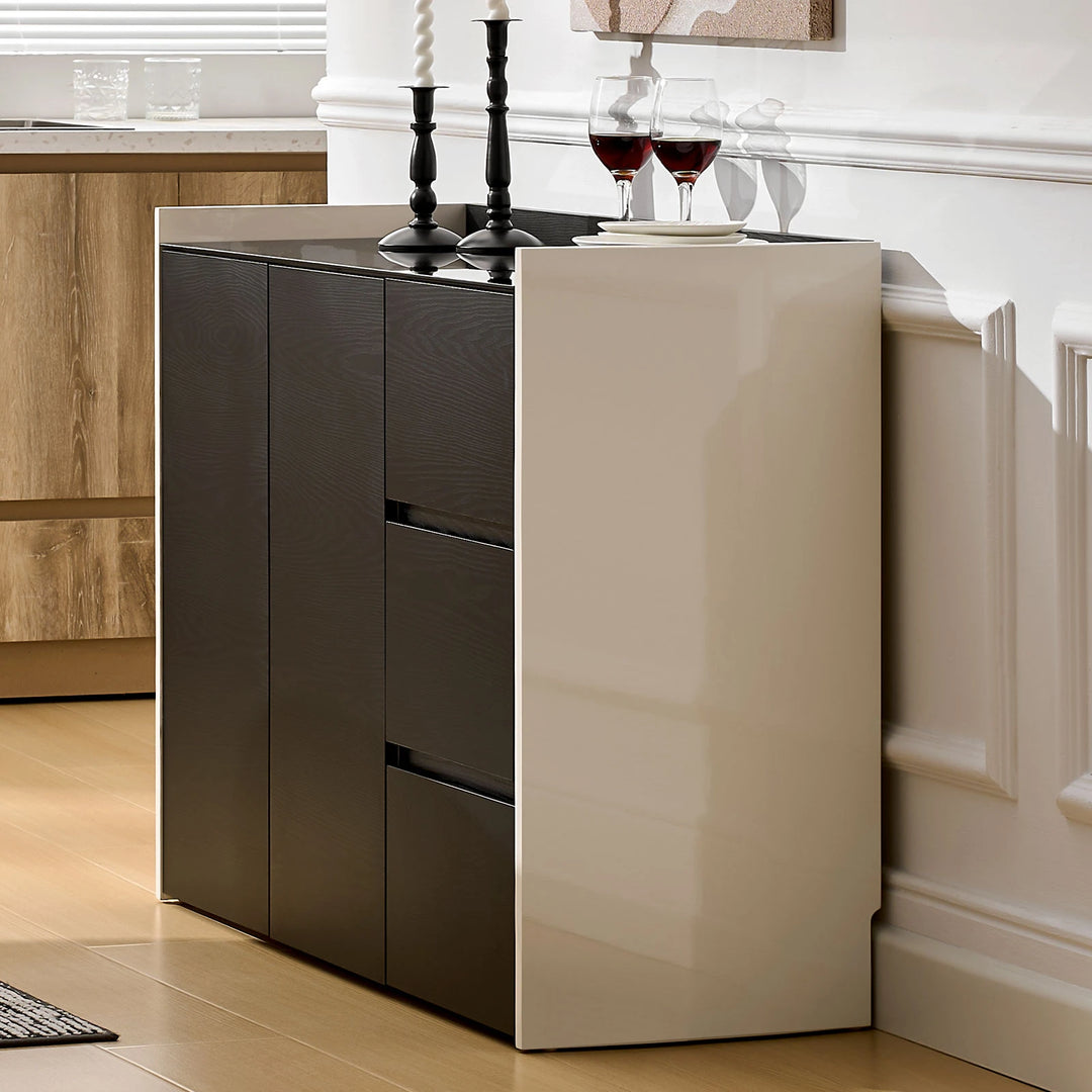 Side view of The Dakota Medium Dining Sideboard highlighting the glossy panel finish