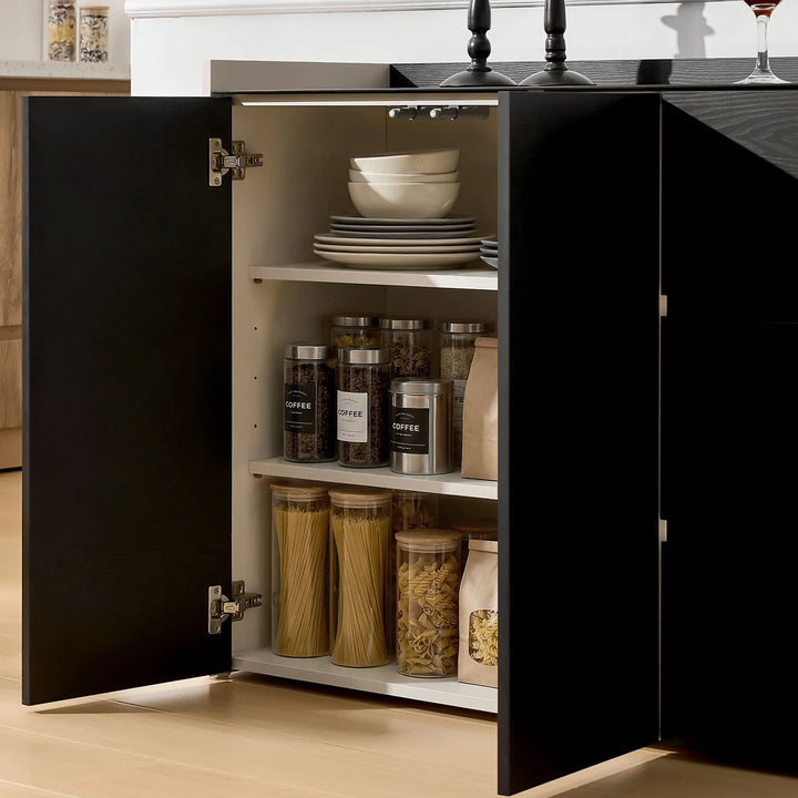 The Dakota Medium Dining Sideboard has doors that open to reveal shelves for storing tableware