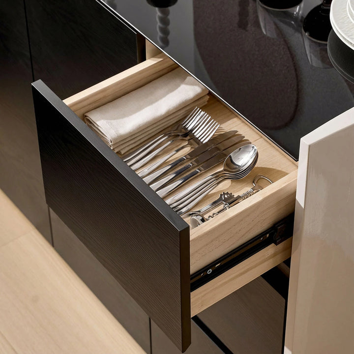 Drawer interior of The Dakota Medium Dining Sideboard with neatly stored tableware