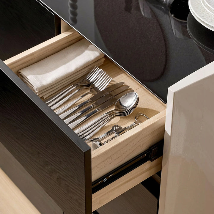 Drawer interior of The Dakota Small Dining Sideboard with neatly stored tableware