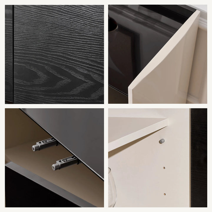 Close-up of The Dakota Large Dining Sideboard showcasing wood grain texture, thick side panels, push-to-open drawers and adjustable shelves