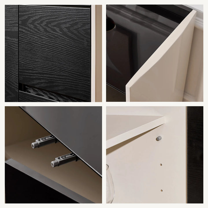 Close-up of The Dakota Medium Dining Sideboard showcasing wood grain texture, thick side panels, push-to-open drawers and adjustable shelves