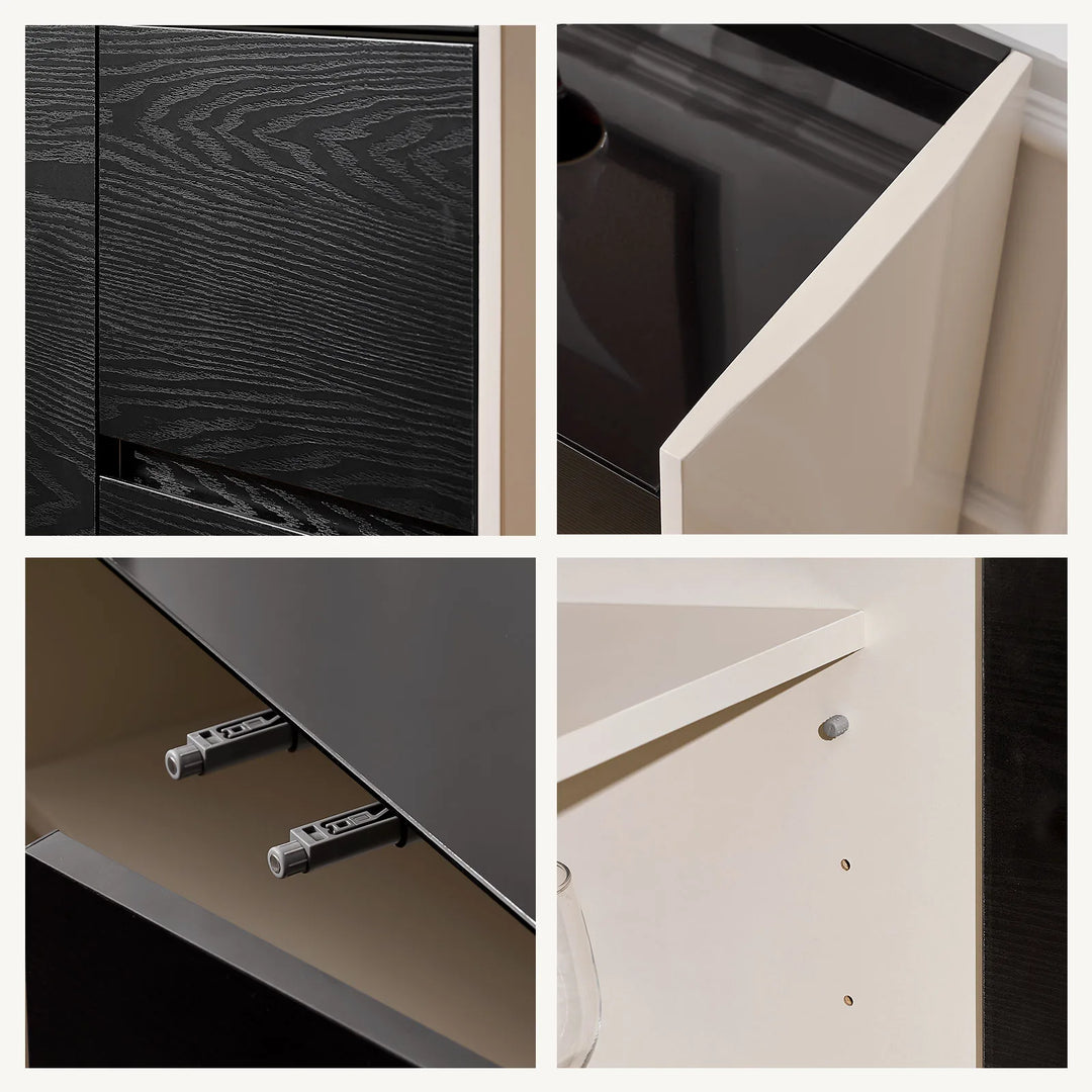 Close-up of The Dakota Small Dining Sideboard showcasing wood grain texture, thick side panels, push-to-open drawers and adjustable shelves