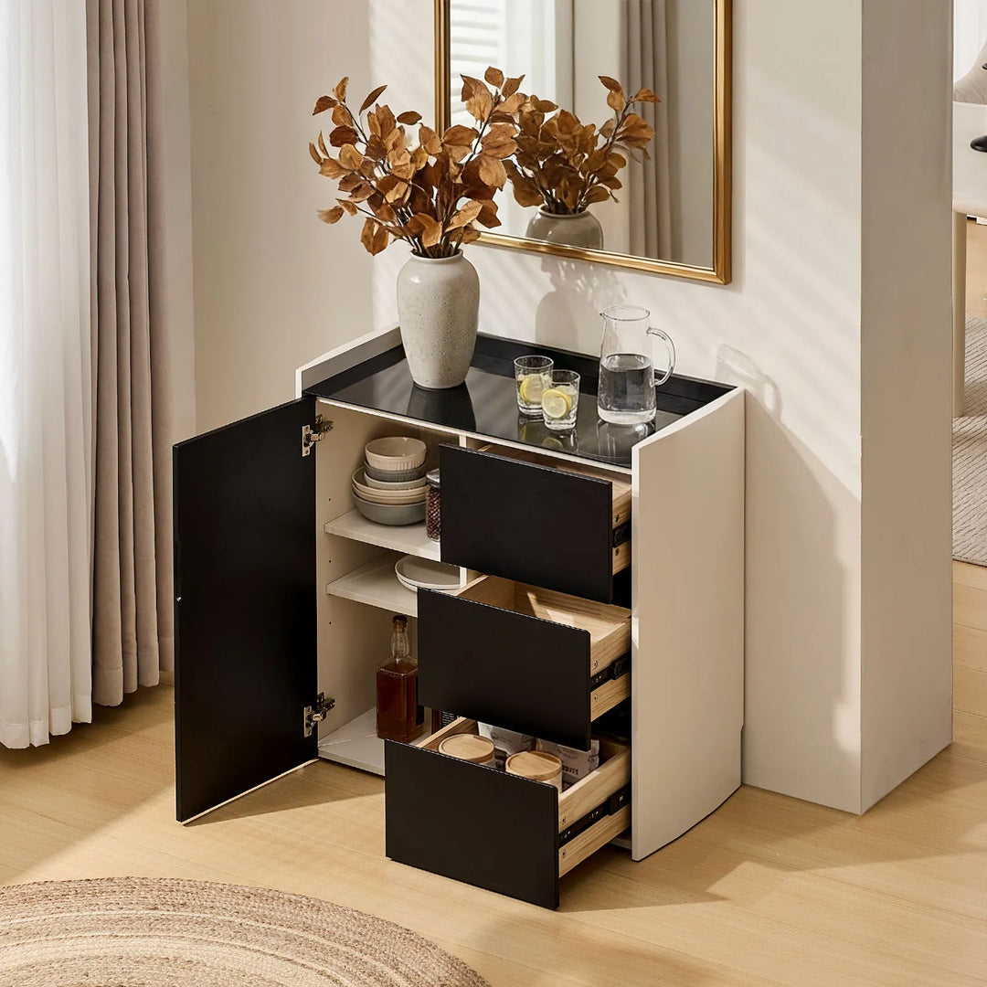 The Dakota Small Dining Sideboard, when placed in the dining room, reveals all of its storage space when the drawers and cabinet doors are opened