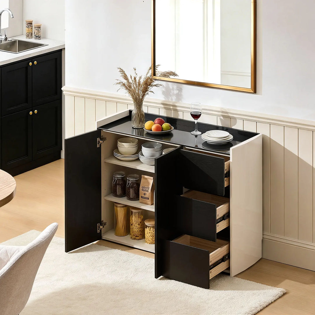 The Dakota Medium Dining Sideboard in the living room, showing six storage compartments 