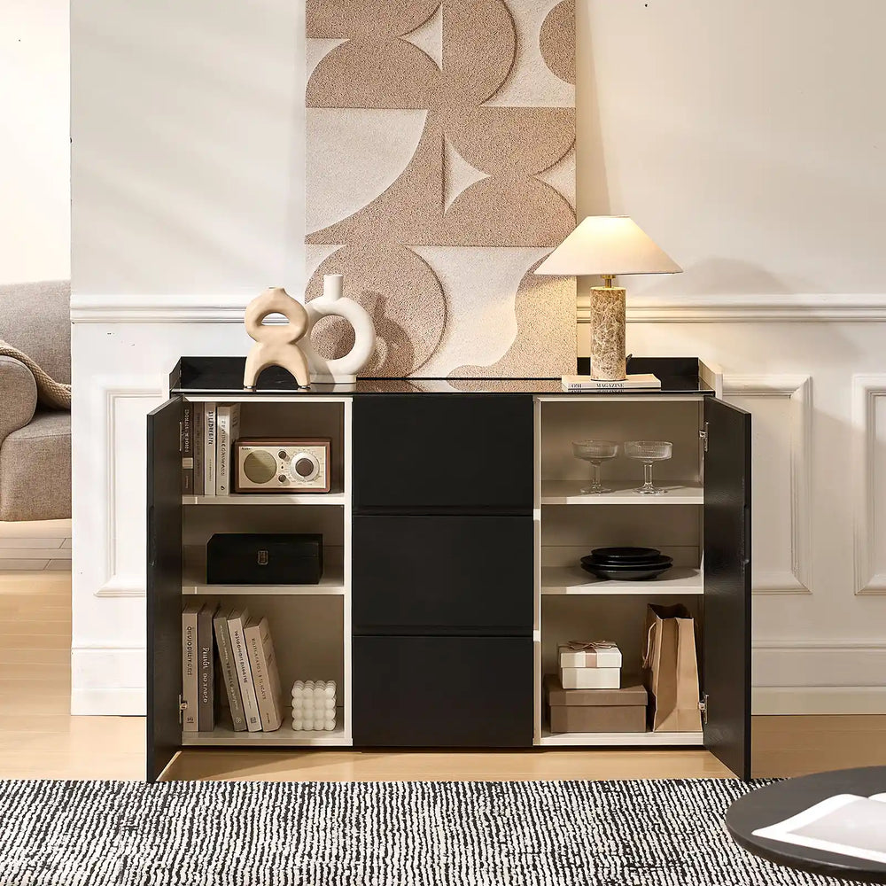 The Dakota Large Dining Sideboard in the living room, showing six storage compartments holding tableware boxes and books