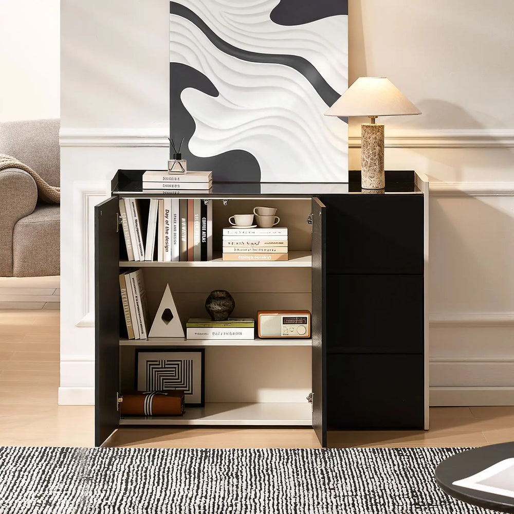 The Dakota Medium Dining Sideboard in the living room, showing six storage compartments holding tableware boxes and books
