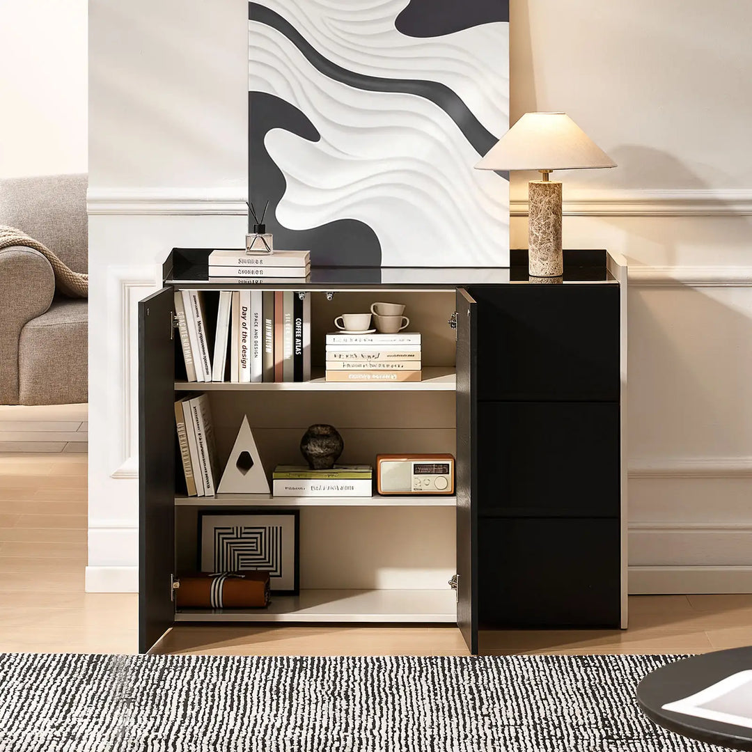 The Dakota Medium Dining Sideboard in the living room, showing six storage compartments holding tableware boxes and books