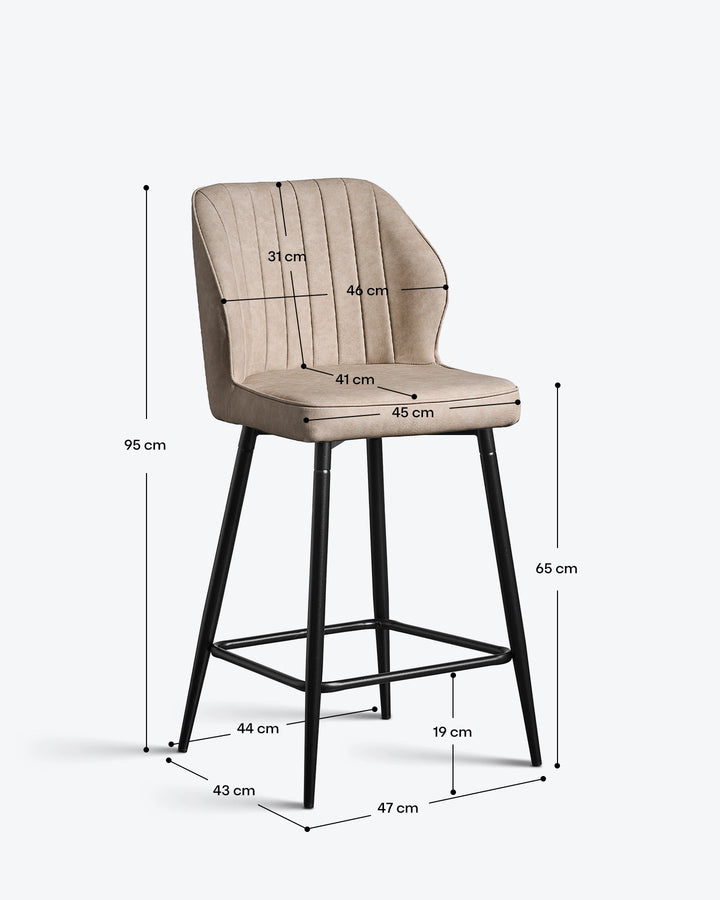 Danforth bar stool dimensions showing the overall height, seat height, width, depth and leg measurements