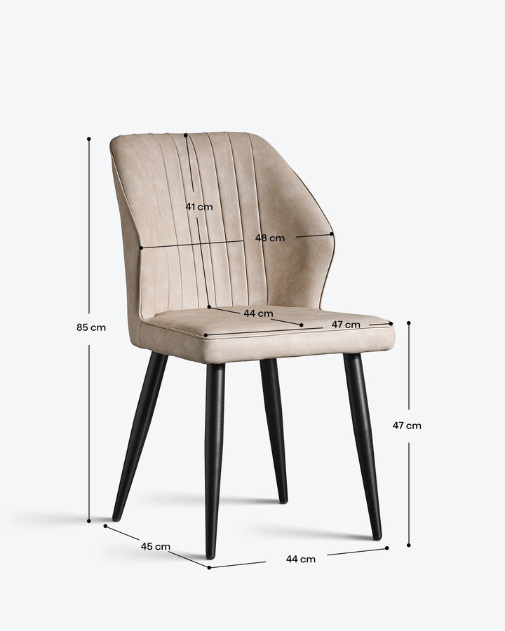 Technical dimension drawing of the Danforth dining chair showing height, width, and depth in cm.