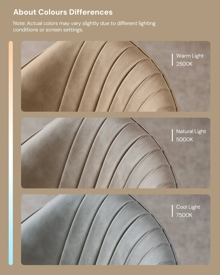 Comparison of Danforth chair colour under warm light, natural light, and cool white light.