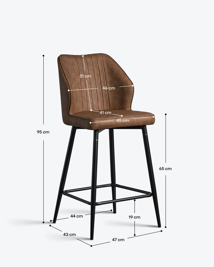 Danforth bar stool dimensions showing the overall height, seat height, width, depth and leg measurements
