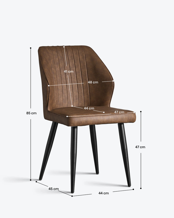 Technical dimension drawing of the Danforth dining chair showing height, width, and depth in cm.