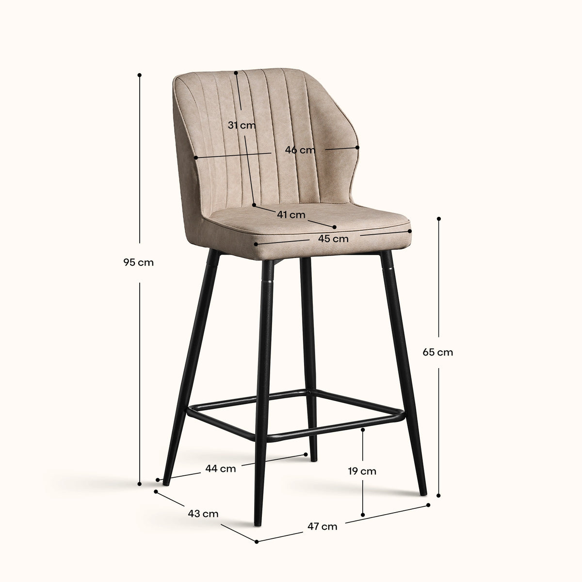 Showing the dimensions of the Danforth bar stools.