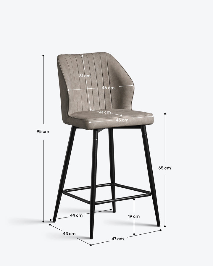 Danforth bar stool dimensions showing the overall height, seat height, width, depth and leg measurements