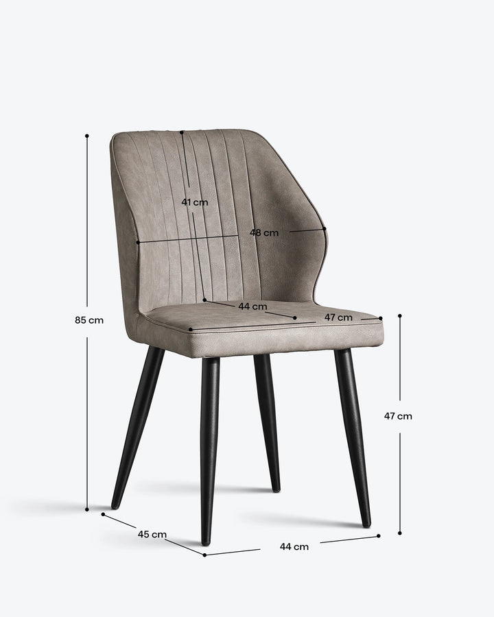 Technical dimension drawing of the Danforth dining chair showing height, width, and depth in cm.