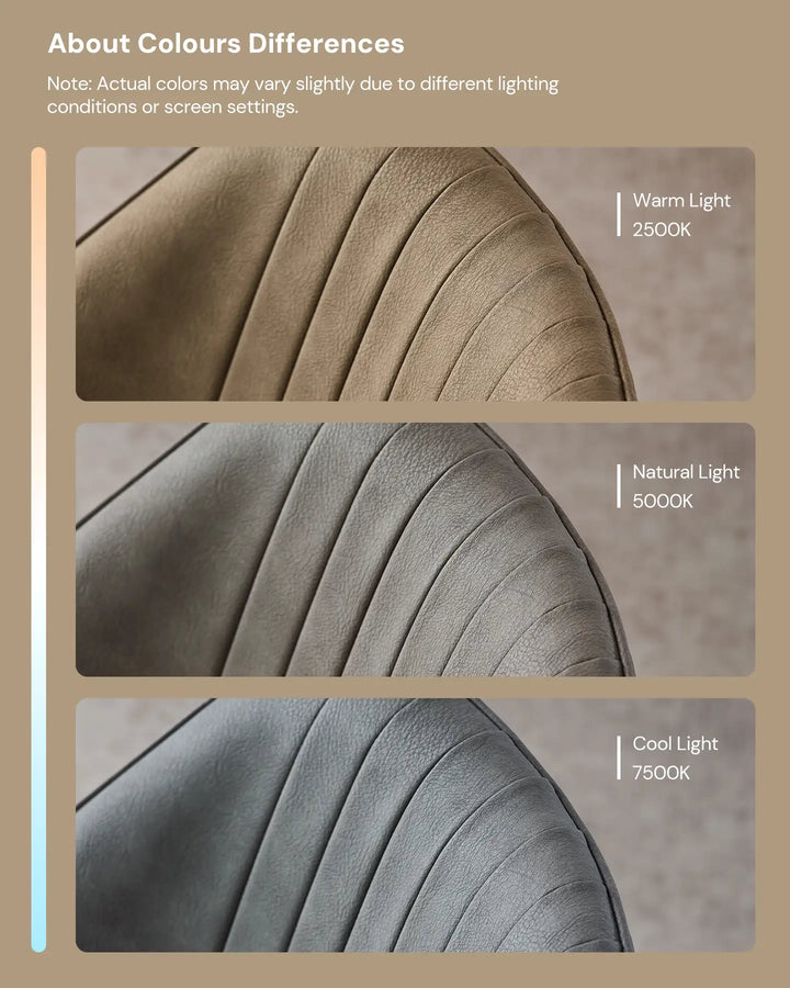 Comparison of Danforth chair colour under warm light, natural light, and cool white light.