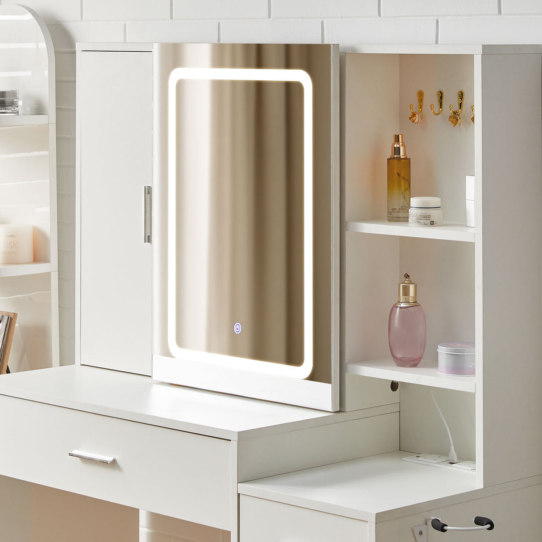 Daphne Dressing Table LED mirror lit with cosmetics on open shelves.