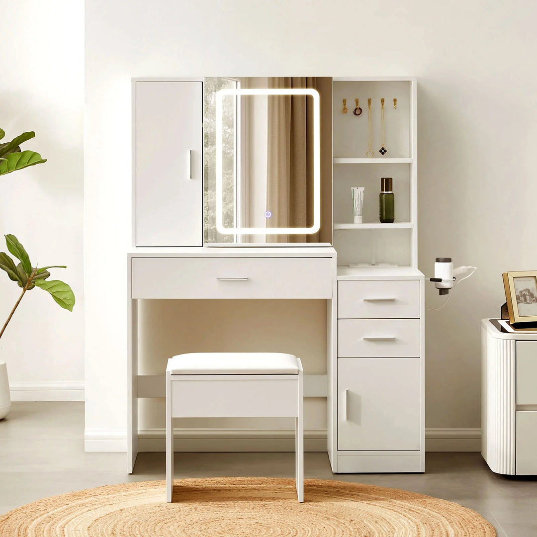 Daphne Dressing Table & Stool Set in a bright bedroom beside a bedside table.