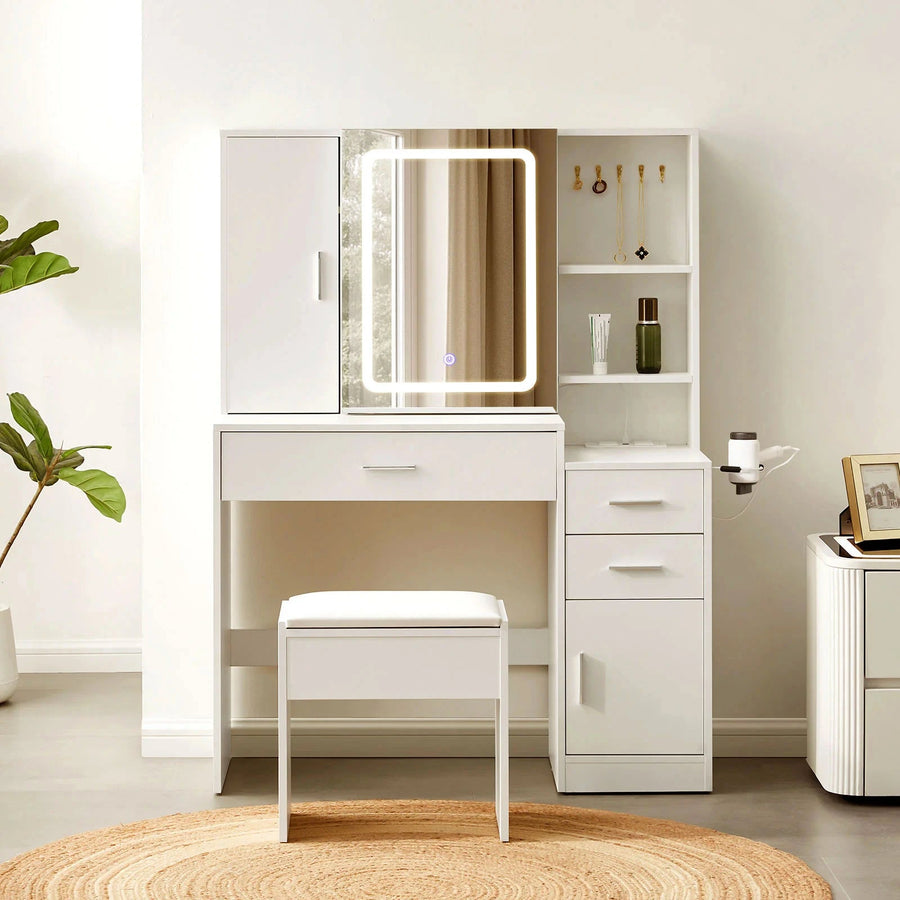 Daphne Dressing Table & Stool Set in a bright bedroom beside a bedside table.